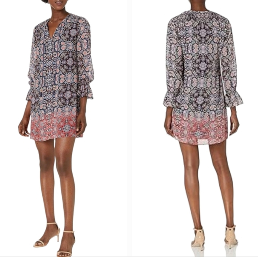 Vince Camuto Printed Chiffon Float Dress with Smocked Yoke and Tassels Size Smal